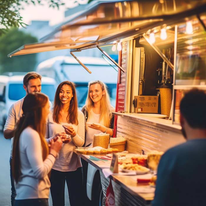 En grupp vänner som skrattar och umgås utanför en foodtruck en sommarkväll